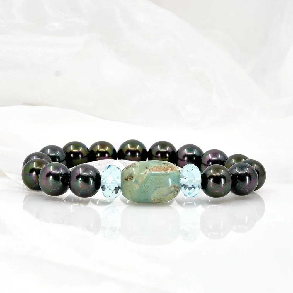 Pearl Bracelet w/Dragon Skin Agate & Aquamarine, Everyday Quiet Luxury Gift